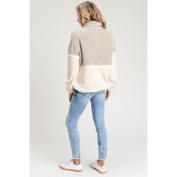 Two Tone Fuzzy Pull Over Sweater - Taupe/Cream - Picture 3 of 8